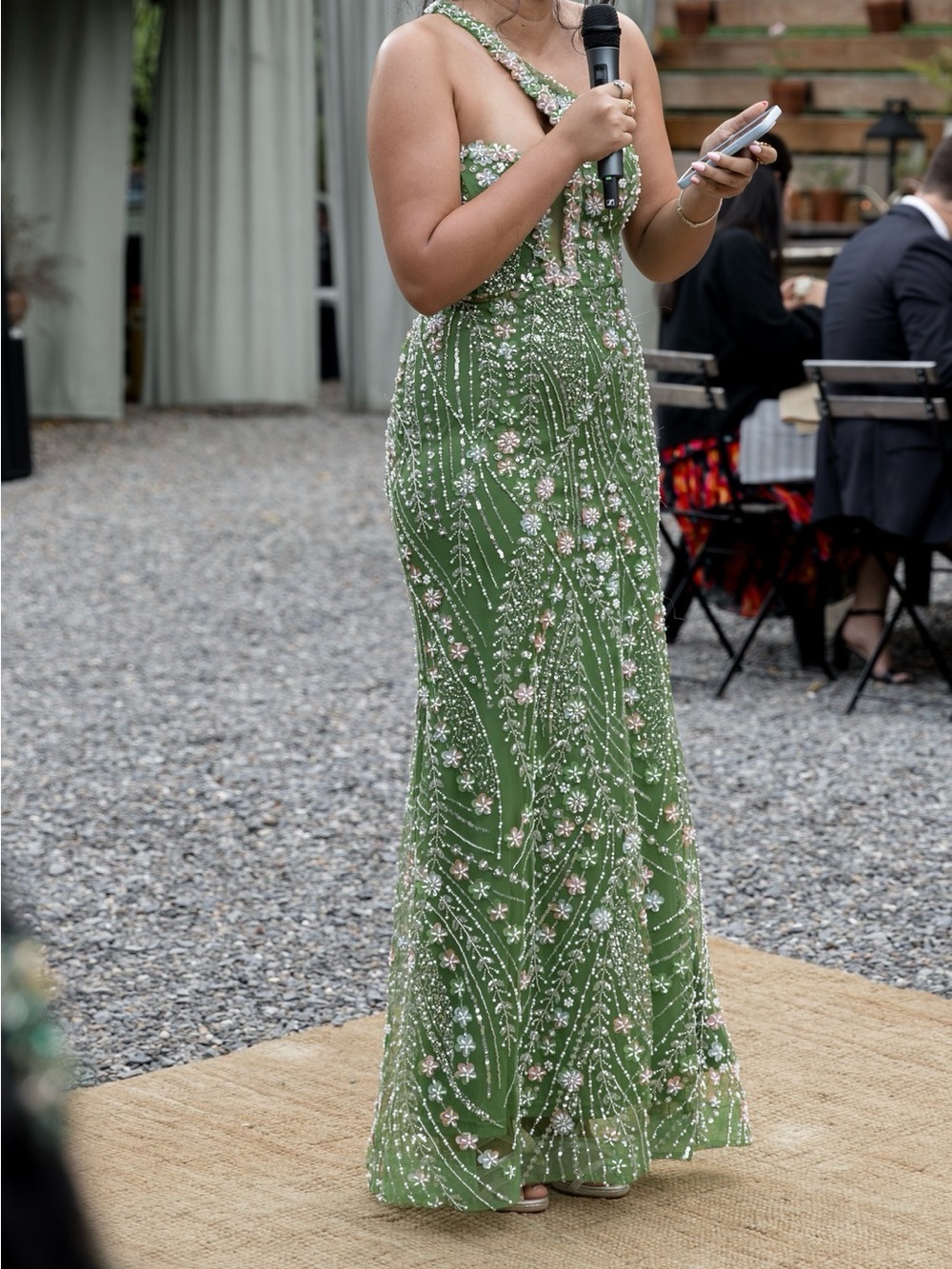 Embellished Green One-Shoulder Maxi Dress